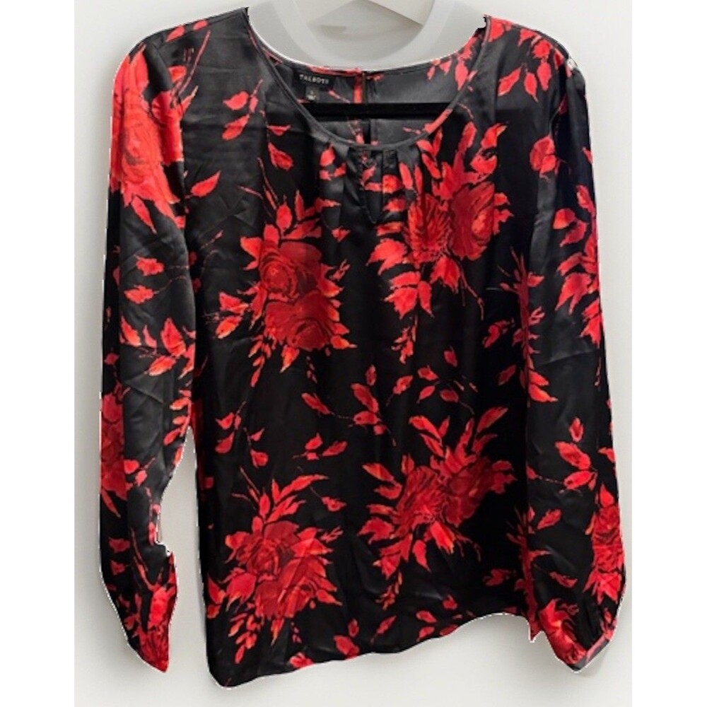 Talbots Floral Black Red Blouse Keyhole Pleats Long Sleeve Size Large NWT
